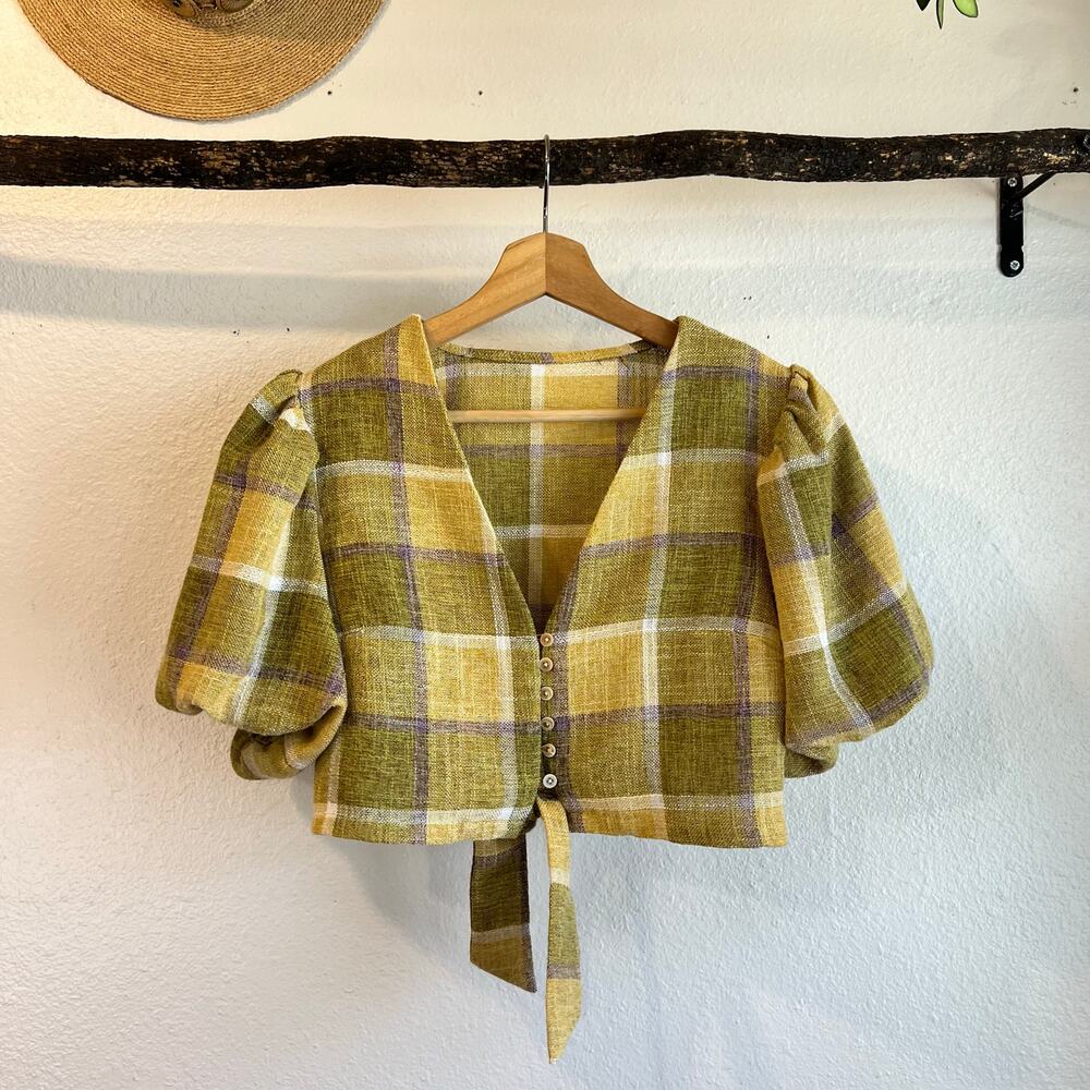 LA'VEN Los Angeles Green Plaid Button Tie Puffed Sleeve Crop Top Size Small - Picture 11 of 11